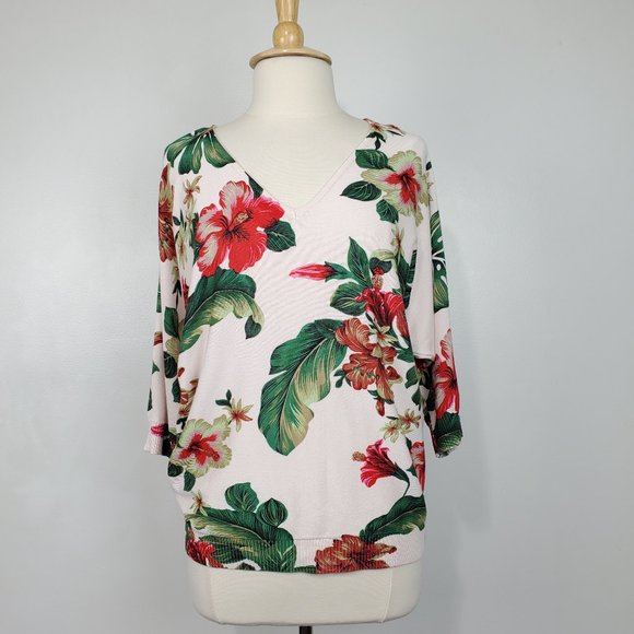Premise Women's Tight Knit Floral V-Neck Dolman Sleeve Seater Size L - Picture 1 of 12